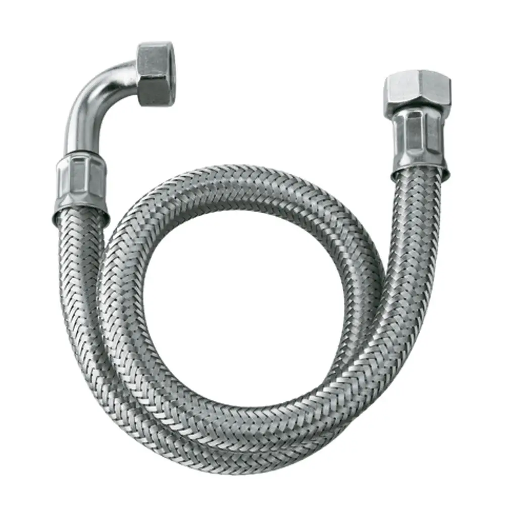 Flexibler Druckschlauch aus Edelstahl mit zwei Anschlussstücken, hergestellt von Kludi, geeignet für verschiedene Installationen im Sanitärbereich.